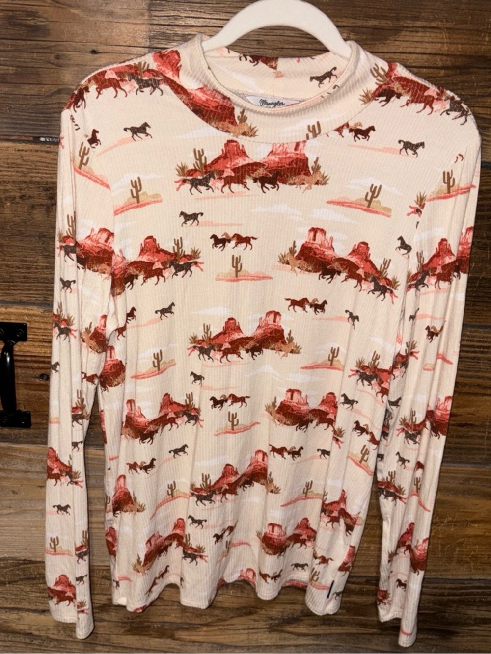 Wrangler Cream Long Sleeve Western Horse Print Top